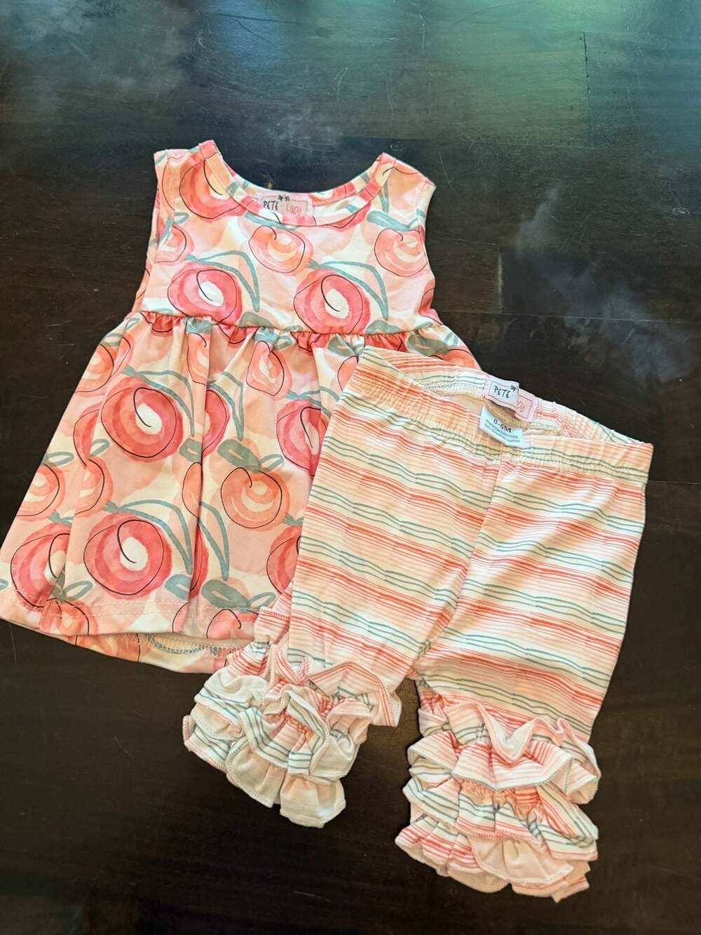 Pete + Lucy Peach Print Dress and Striped Ruffle Leggings